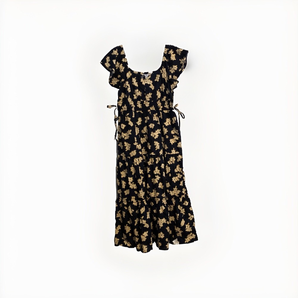 Time & Tru Flutter‎ Sleeve Maxi Dress L Black Soot Floral Pockets Peasant Boho